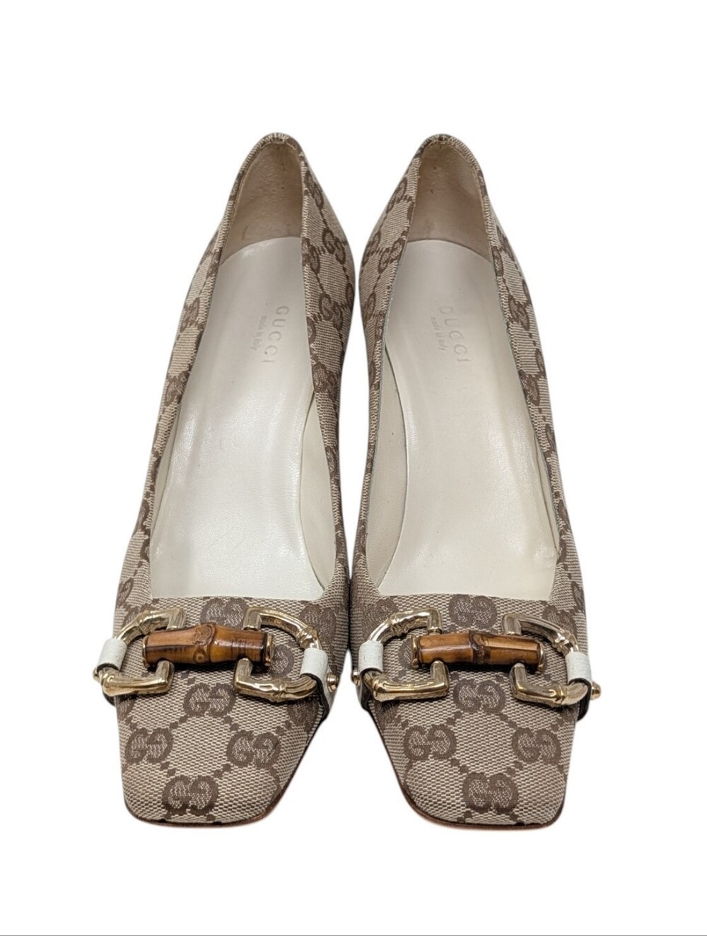 Gucci Monogram Horsebit Bamboo Square Toe Wooden Block Heel Pump Size 7.5 - Picture 3 of 10